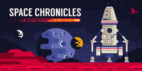 Planet surface and spacecraft landing module. Space landscape. Vector illustration. © Agor2012
