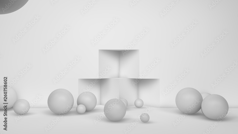 Poster 3d illustration of many white spheres of different sizes flying in the space of the room, scattered 