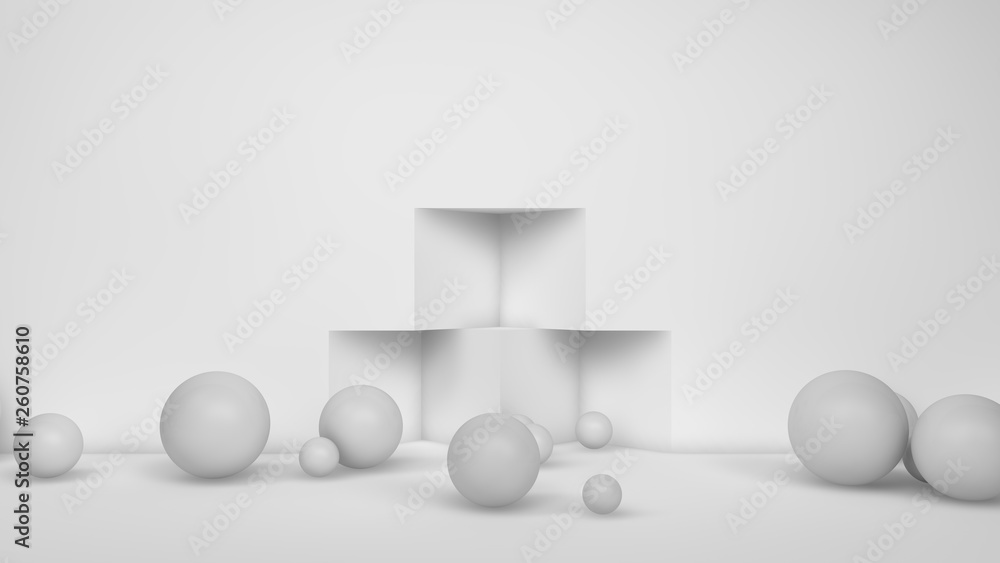 Poster 3d illustration of many white spheres of different sizes flying in the space of the room, scattered 