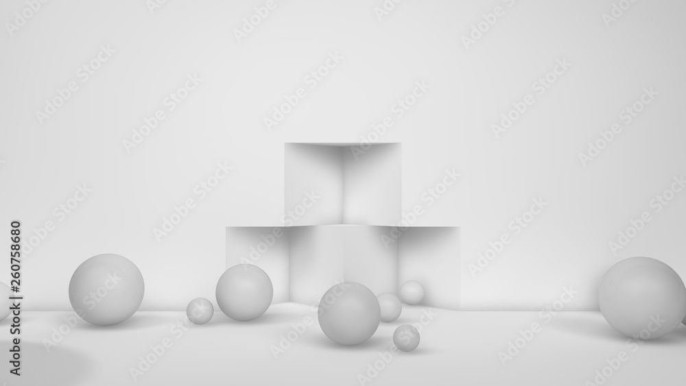 Poster 3d illustration of many white spheres of different sizes flying in the space of the room, scattered 