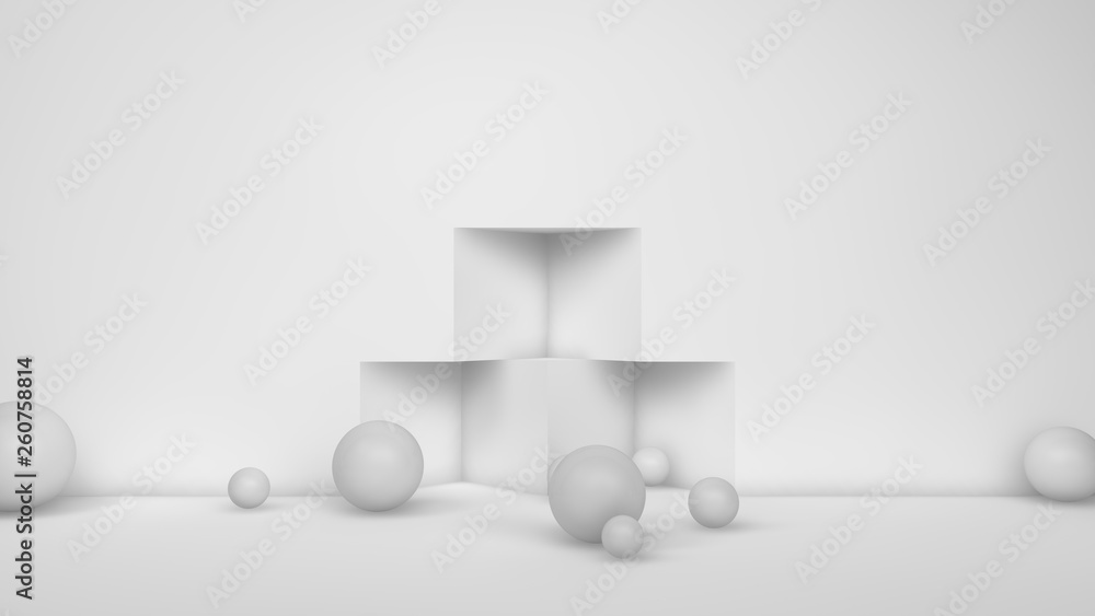 Poster 3d illustration of many white spheres of different sizes flying in the space of the room, scattered 