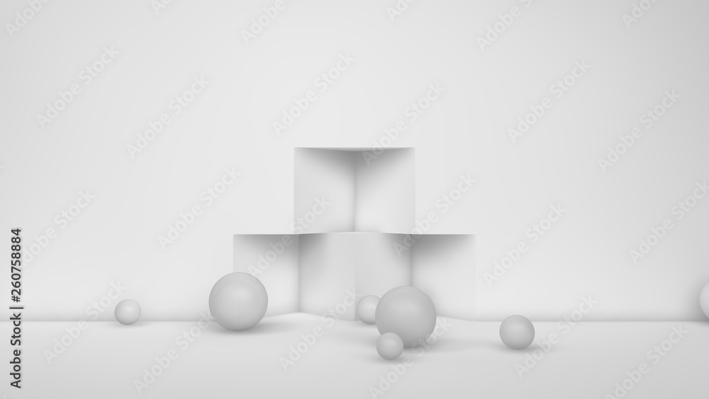 Poster 3d illustration of many white spheres of different sizes flying in the space of the room, scattered 