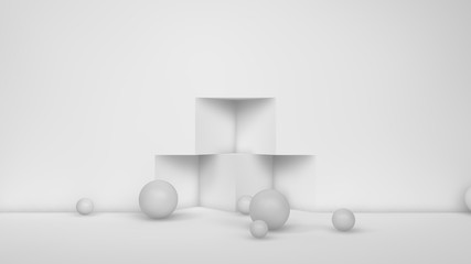 3D illustration of many white spheres of different sizes flying in the space of the room, scattered on . The idea of disorder and chaos. A cloud of geometric elements. 3D rendering
