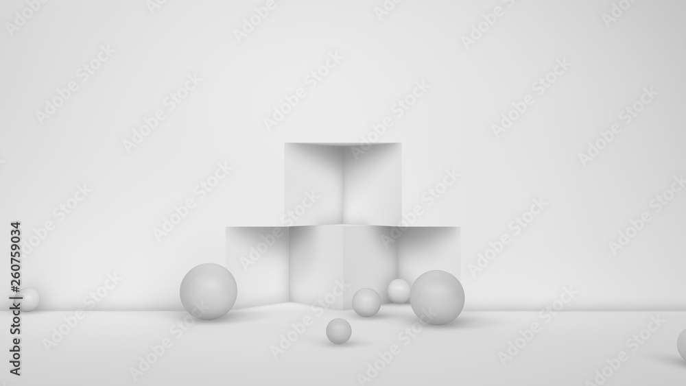 Poster 3d illustration of many white spheres of different sizes flying in the space of the room, scattered 