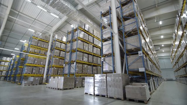 Warehouses large logistics commerce structure with boxes on the shelf