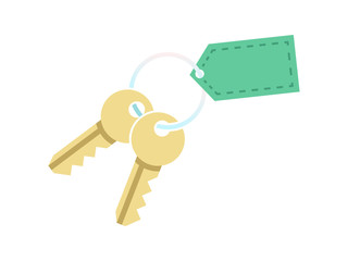 Key with blank tag keychain. Icon of house home door or car bunch golden keys on keyring. Concept for purchase real estate or realtor services sign. Vector illustration
