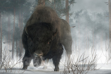 An angry buffalo faces you preparing to charge.  It's a cold winter day in the wilderness American West, and the buffalo breaths an angry cloud of steam over the snowy ground. 3D Rendering © Daniel Eskridge