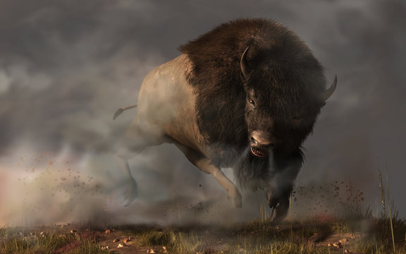 On a dark and foggy prairie in the American west, an enraged bison bull kicks up dust as it charges. Better get out of the way of this angry buffalo.  3D Rendering