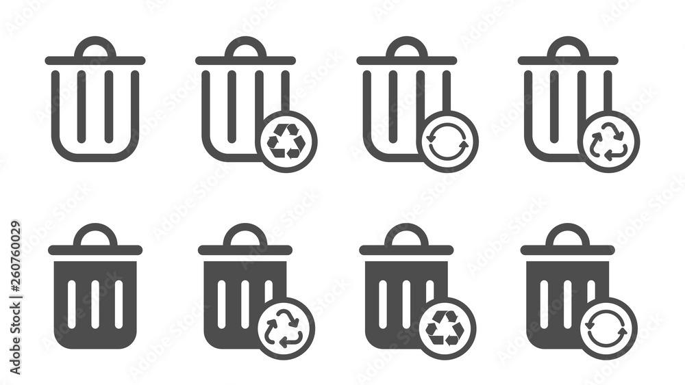 Poster trash can outline and silhouette vector icons isolated on white background. trash bin for garbage co