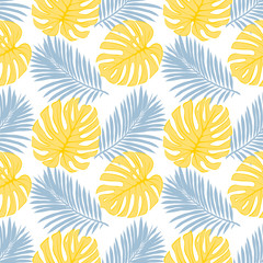 Seamless pattern with tropical leaves: palms, monstera, jungle leaf seamless vector pattern dark background. Swimwear botanical design. Vector.