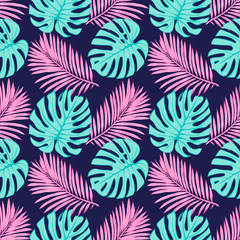 Seamless pattern with tropical leaves: palms, monstera, jungle leaf seamless vector pattern dark background. Swimwear botanical design. Vector.
