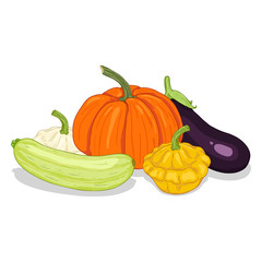 Vector Cartoon Pile of Vegetables: Squash, Pumpkin and Eggplant.