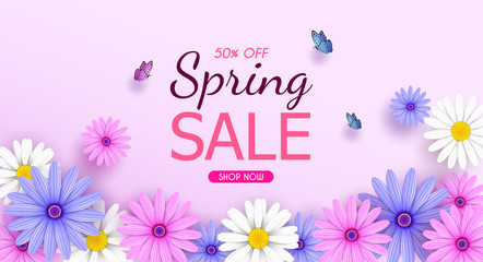 Spring Sale Banner background with beautiful colorful flowers are blooming.And use it as a banner or placard.And is used as an illustration or backdrop.