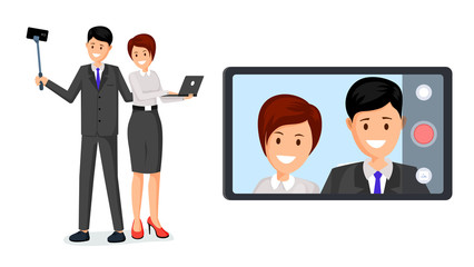 Coworkers taking selfie vector flat illustration