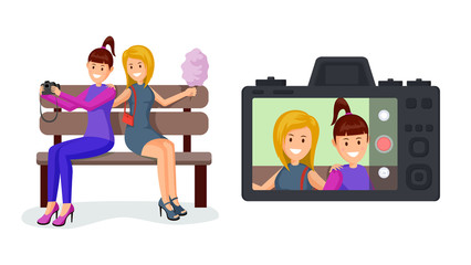 Cheerful girlfriends taking selfie illustration