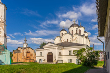 St. Nicholas Cathedral and Bell tower at Yaroslav's Court in Velikiy Novgorod, Russia. Summer landscape and architectural landmark. Monument of ancient russian architecture. UNESCO world heritage site