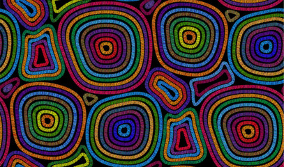 African style colorful stitched circles on black background vector seamless pattern - 260763688