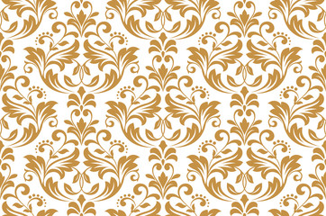 Wallpaper in the style of Baroque. Seamless vector background. White and gold floral ornament. Graphic pattern for fabric, wallpaper, packaging. Ornate Damask flower ornament
