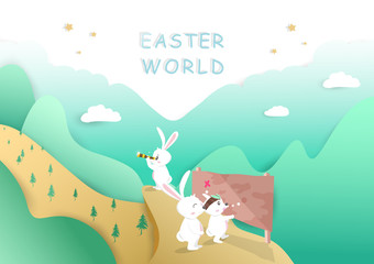 Easter day, adventure rabbit cartoon poster, paper cut style background, greeting card vector