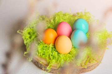 Easter eggs on the grass with willow branches