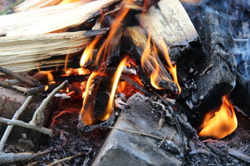 A piece of wood is burning in fire, lit by daylight