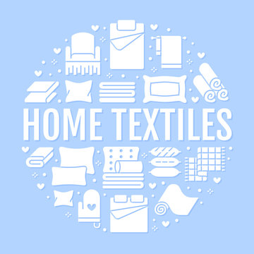 Home textiles circle template with flat glyph icons. Bedding, bedroom linen, pillows, sheets set, blanket and duvet silhouette illustrations. Blue white signs for interior store