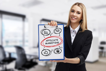 Business, technology, internet and networking concept. Young entrepreneur showing keyword:...