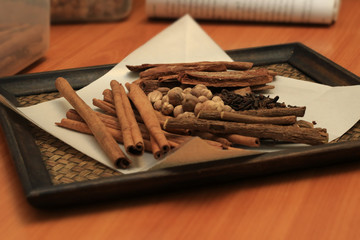 Dried Herbs in tray purpose sacrificial offering or thai and chinese alternative medicine traditional therapy.