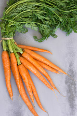 Bunch of carrots on textured background aerial view