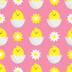 Seamless vector illustration with daisies,chamomile and chickens on pink background. decorating textiles, packaging and wallpapers for children