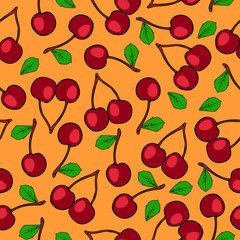 Orange seamless cherry vector pattern
