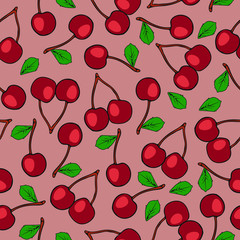 Cute seamless cherry vector textile pink pattern.
