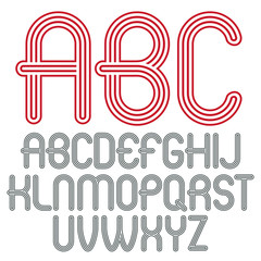 Set of trendy modern vector capital alphabet letters isolated. Disco rounded font for use as business poster design elements. Created using triple stripy, parallel lines.