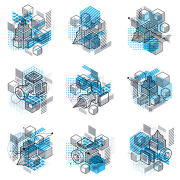 Abstract backgrounds with isometric lines, vector illustrations. Templates made with cubes, hexagons, squares, rectangles and different abstract elements. Vector set.