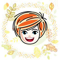 Cute girls face, human head. Vector redhead character, smiling girl face features.