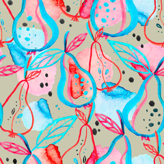 Seamless pattern with colorful watercolor pears and paint stains