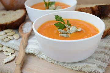 Pumpkin soup. Food for gourmets healthy and very tasty.