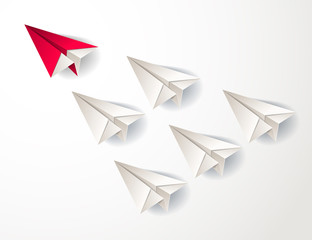 Leadership concept visualized with origami folded plane toys one of them is flying in the front and leading the team group, vector modern style 3d illustration.