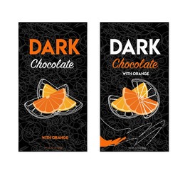 Packaging design chocolate. Vector illustration. Pack design dark chocolate  with orange. 