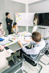 Teamwork business concept .Start up business people in modern office, working together having success. Multiethnic start-up business team on meeting in modern bright office interior brainstorming