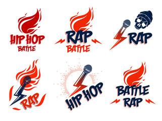 Rap music vector logos or emblems set with microphone in hand flames and lightning bolt, hot Hip Hop rhymes festival concert or night club party labels, t-shirt prints.