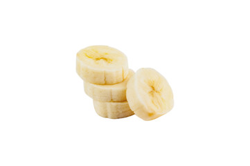 Four sliced pieces of fresh banana isolated on white background without shadow