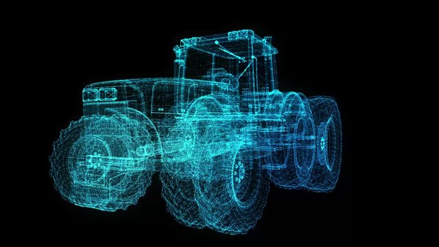 Tractor. Glow points formation of 3d Model tractor. Rotating 360 Degree. 4k animation. Loop seamless.