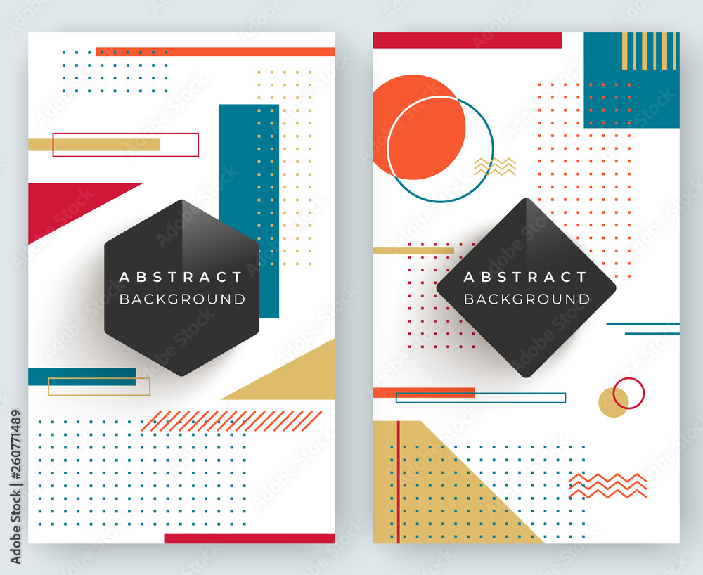 Poster two abstract retro vertical banners with multicolored simple geometric shapes. triangles, circles, l