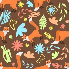 Seamless pattern of foxes on dark orange abstract floral background cartoon style vector illustration