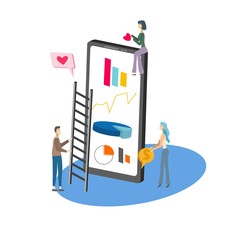 Isometric icon of social media statistic on smartphone and tiny people on white background vector illustration