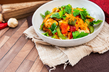 Tikka massala chicken basmati rice and crunchy vegetables