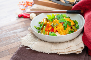 Tikka massala chicken basmati rice and crunchy vegetables