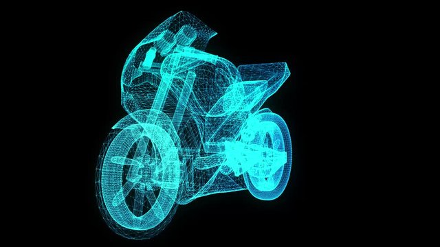 Rotating motorcycle. Glowing Light Particles Arranged in the Formation of Model motorcycle 360 Degree. Seamless Looping Motion Animated Background. Blue Cyan color.