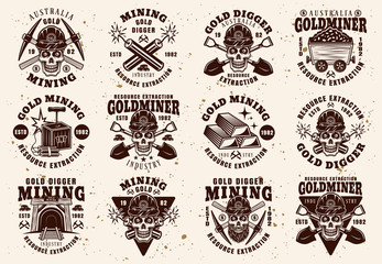 Gold mining industry set of vintage vector emblems